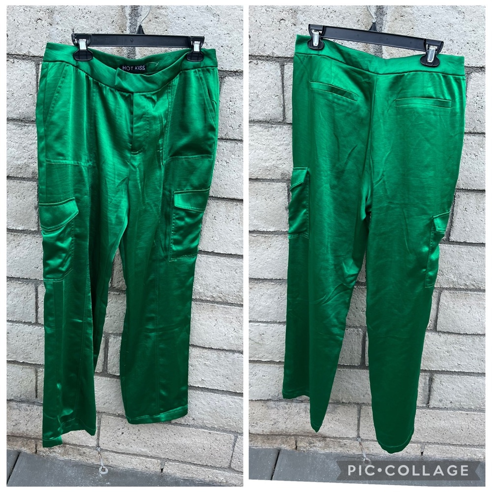 Green Satin Cargo Pants